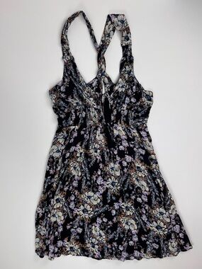 Free People Washed Ashore Black Floral Print Twist Back Mini Dress